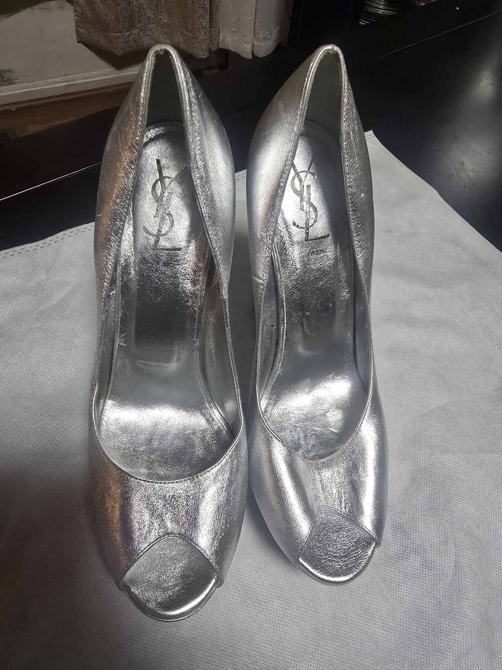 Saint Laurent Silver Metallic Open-Toe Pumps
